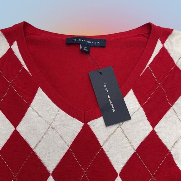 TOMMY HILFIGER Women’s Small Red White Argyle Sweater - Picture 2 of 5